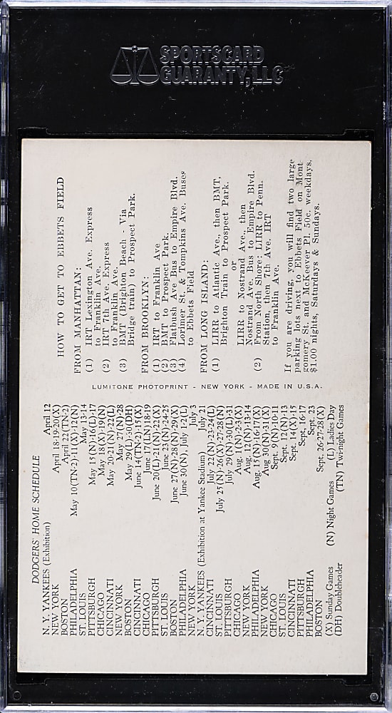 1952 Brooklyn Dodgers Schedule Cards Pee Wee Reese SGC GOOD 30