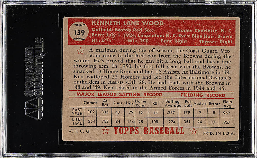 1952 Topps #139 Ken Wood SGC VG/EX 50 - "Canadian" Gray Back