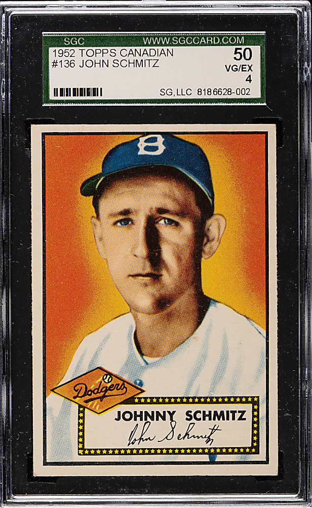 1952 Topps #136 Johnny Schmitz SGC VG/EX 50 - "Canadian" Gray Back