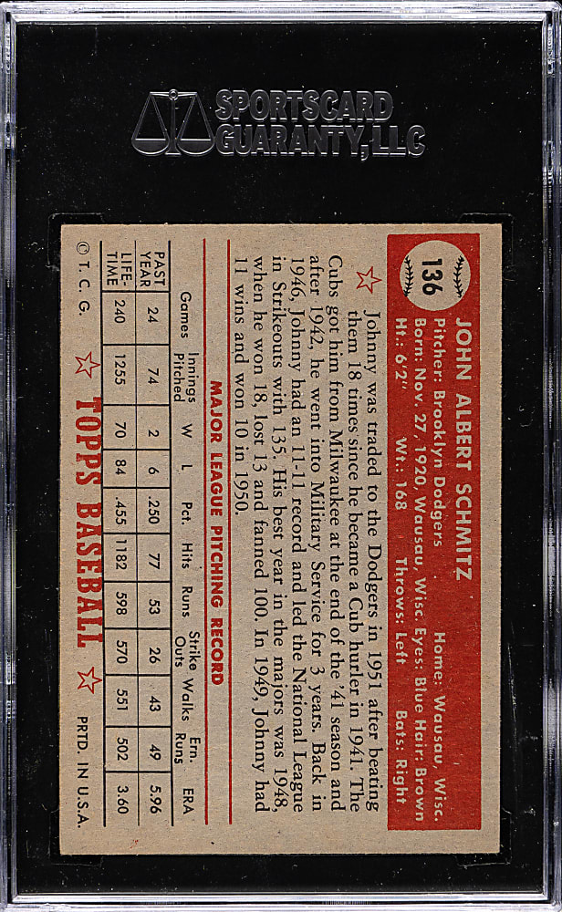 1952 Topps #136 Johnny Schmitz SGC VG/EX 50 - "Canadian" Gray Back