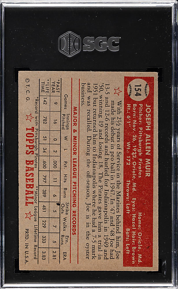 1952 Topps #154 John Muir SGC VG/EX 4 - "Canadian" Gray Back