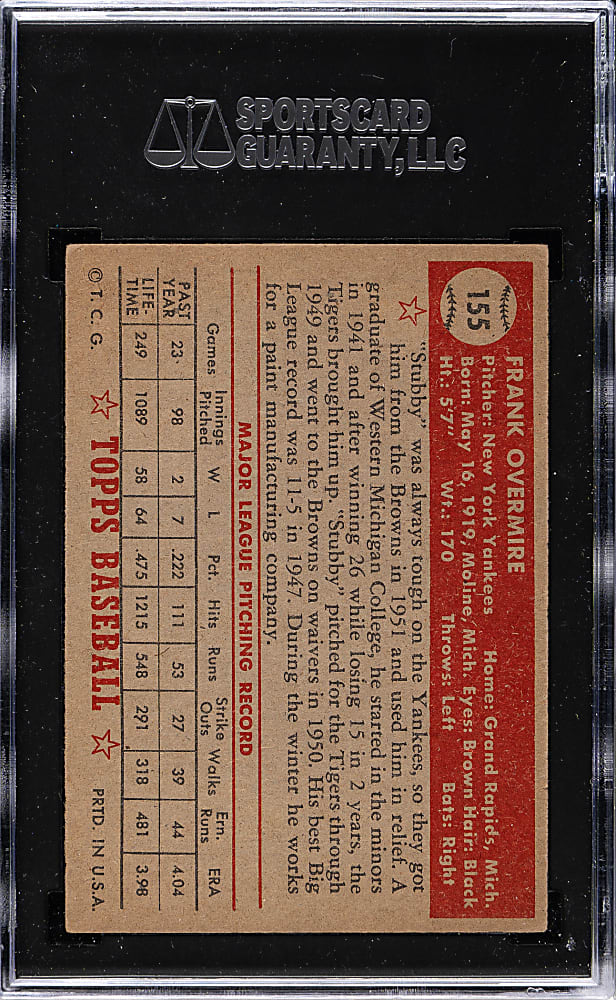 1952 Topps #155 Frank Overmire SGC VG/EX 4 - "Canadian" Gray Back