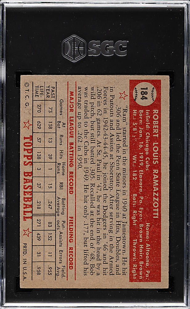 1952 Topps #184 Bob Ramazzotti SGC VG/EX 4 - "Canadian" Gray Back