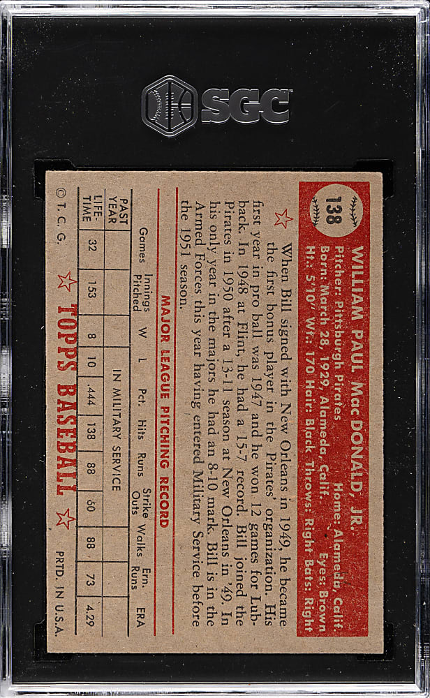 1952 Topps #138 Bill MacDonald SGC VG/EX 4 - "Canadian" Gray Back