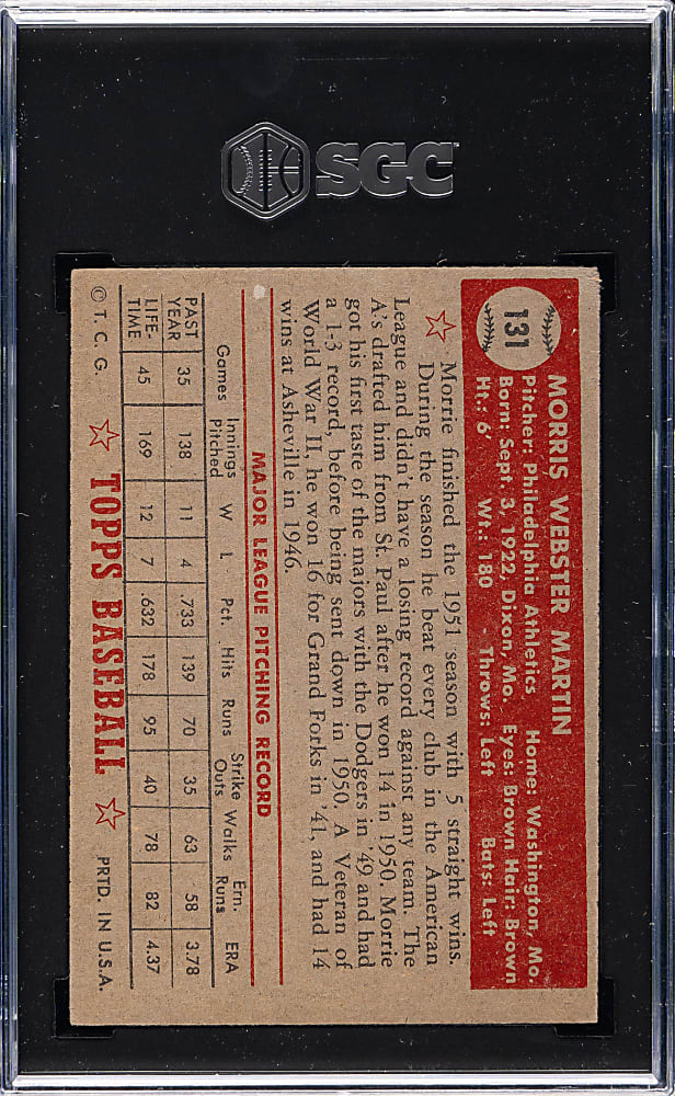 1952 Topps #131 Morrie Martin SGC VG/EX 4 - "Canadian" Gray Back