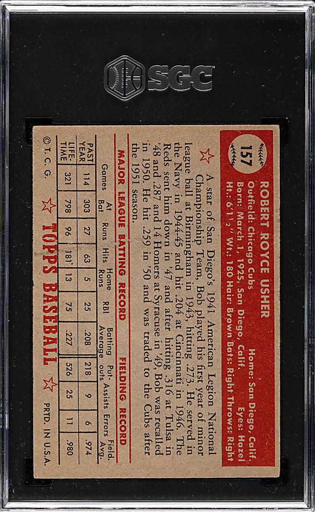 1952 Topps #157 Bob Usher SGC VG/EX 4 - "Canadian" Gray Back