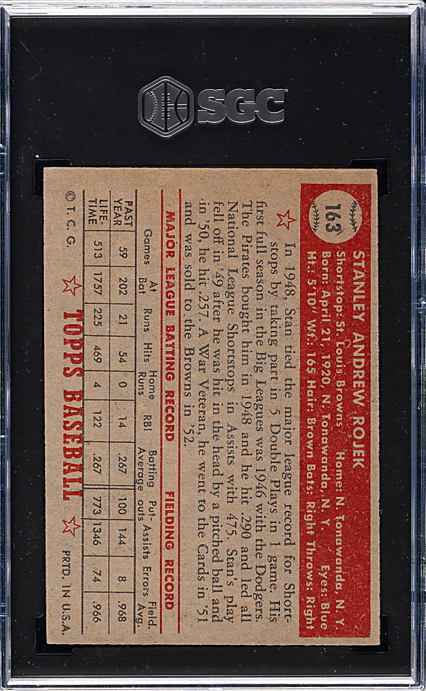 1952 Topps #163 Stan Rojek SGC VG/EX 4 - "Canadian" Gray Back