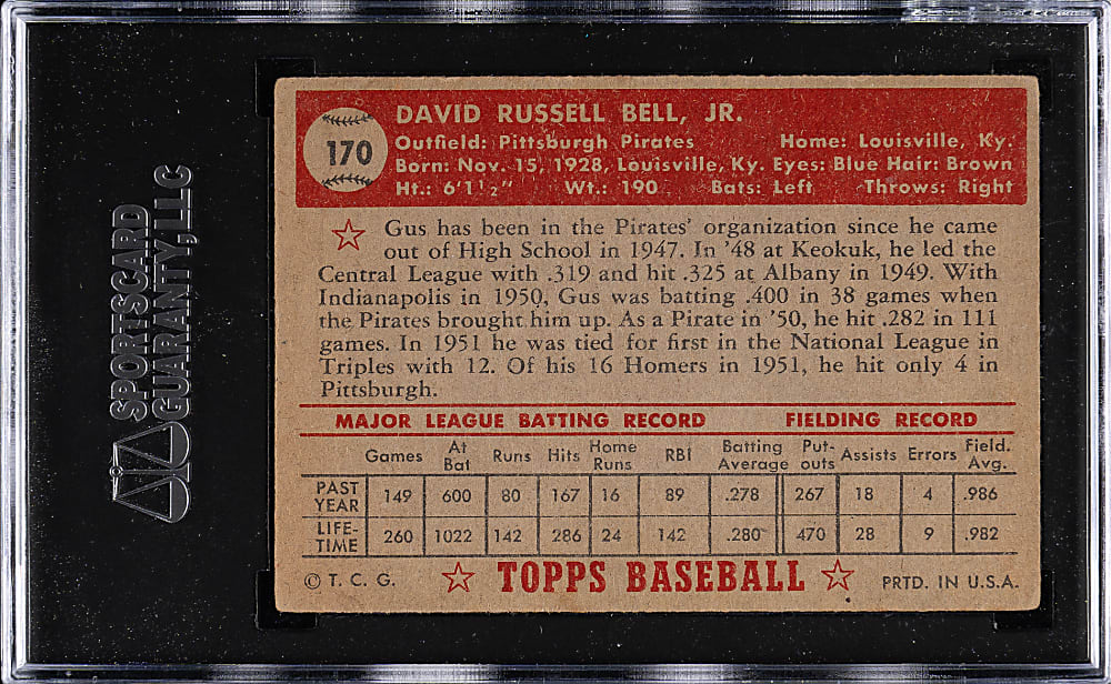 1952 Topps #170 Gus Bell SGC VG+ 3.5 - "Canadian" Gray Back