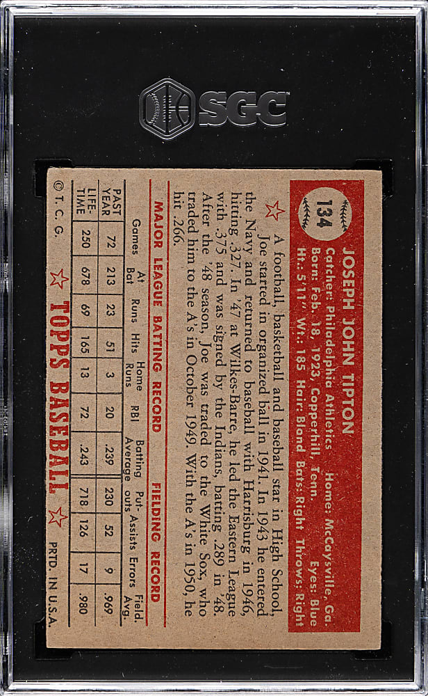1952 Topps #134 Joe Tipton SGC VG+ 3.5 - "Canadian" Gray Back