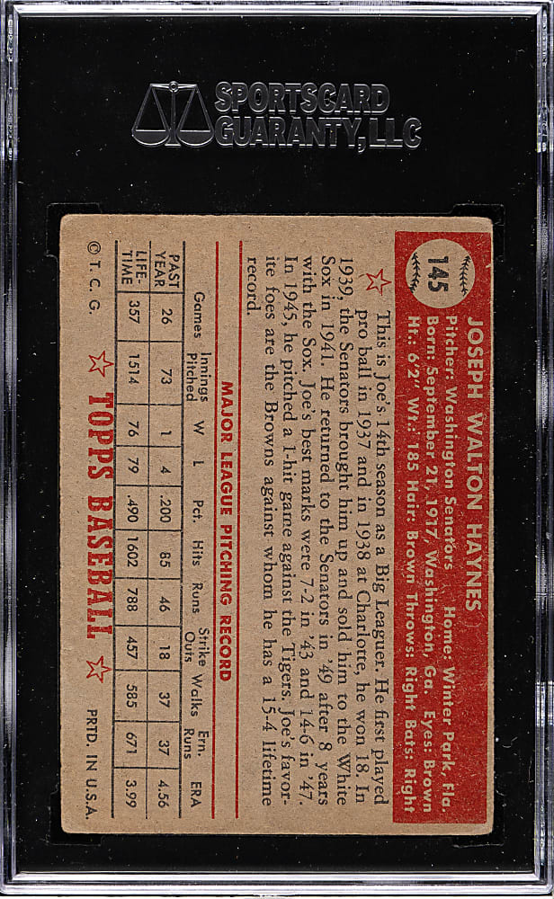 1952 Topps #145 Joe Haynes SGC VG 40 - "Canadian" Gray Back