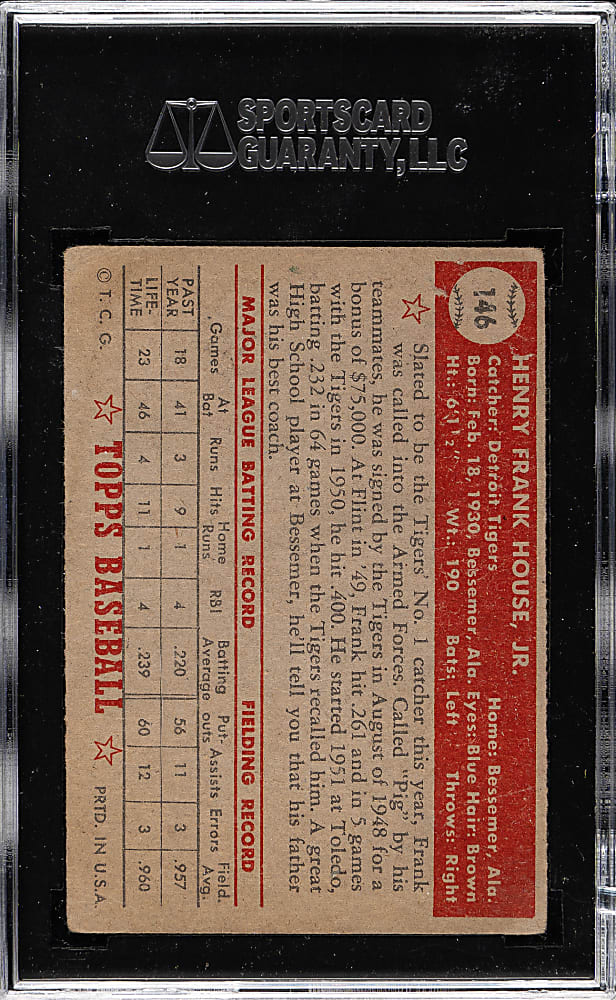 1952 Topps #146 Frank House SGC VG 40 - "Canadian" Gray Back