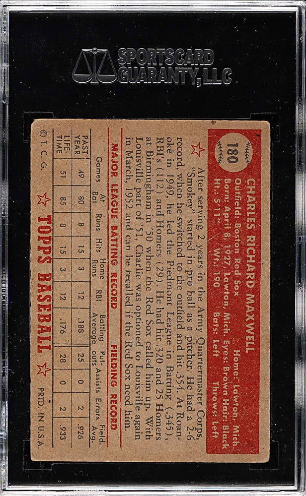 1952 Topps #180 Charley Maxwell SGC VG 40 - "Canadian" Gray Back