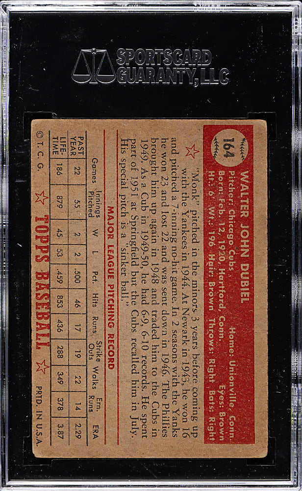 1952 Topps #164 Walt Dubiel SGC VG 40 - "Canadian" Gray Back