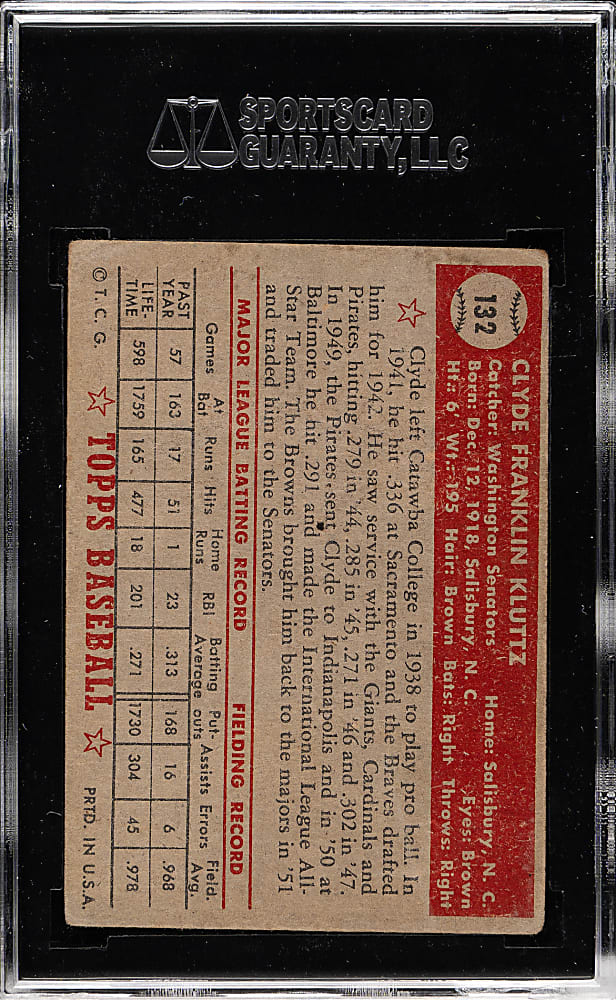1952 Topps #132 Clyde Kluttz SGC VG 40 - "Canadian" Gray Back