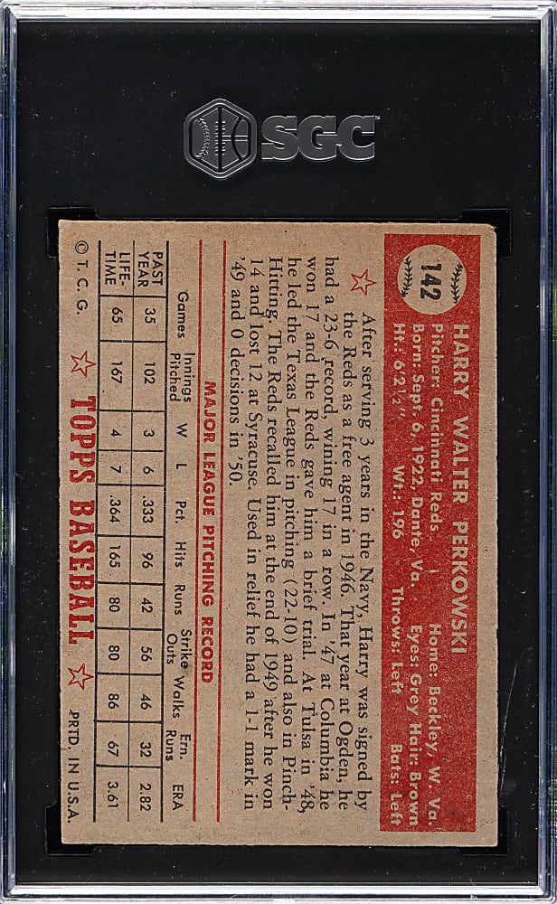 1952 Topps #142 Harry Perkowski SGC VG 3 - "Canadian" Gray Back
