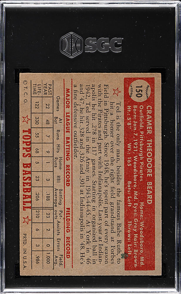 1952 Topps #150 Ted Beard SGC VG 3 - "Canadian" Gray Back