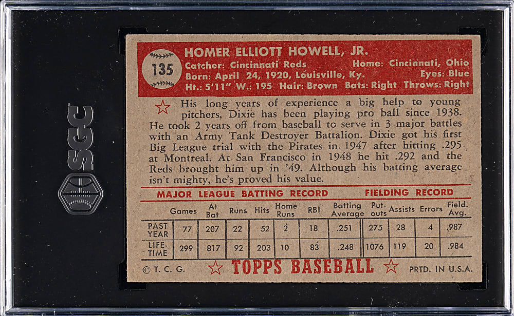 1952 Topps #135 Dixie Howell SGC VG 3 - "Canadian" Gray Back