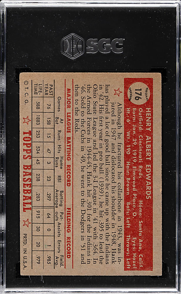 1952 Topps #176 Hank Edwards SGC VG 3 - "Canadian" Gray Back
