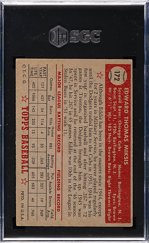 1952 Topps #172 Eddie Miksis SGC VG 3 - "Canadian" Gray Back