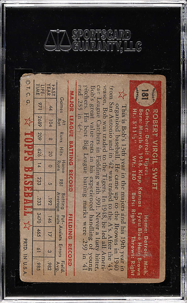 1952 Topps #181 Bob Swift SGC GOOD+ 35 - "Canadian" Gray Back