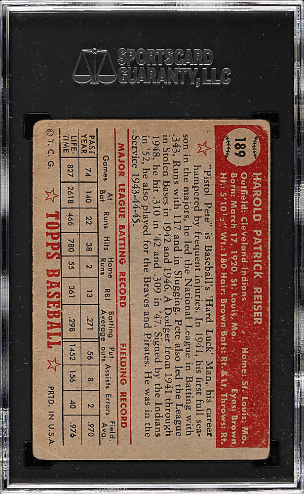 1952 Topps #189 Pete Reiser SGC GOOD+ 35 - "Canadian" Gray Back