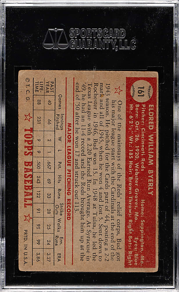 1952 Topps #161 Bud Byerly SGC GOOD+ 35 - "Canadian" Gray Back