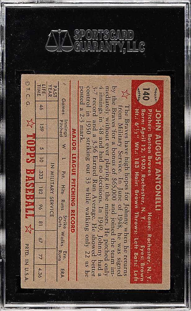 1952 Topps #140 John Antonelli SGC GOOD 30 - "Canadian" Gray Back