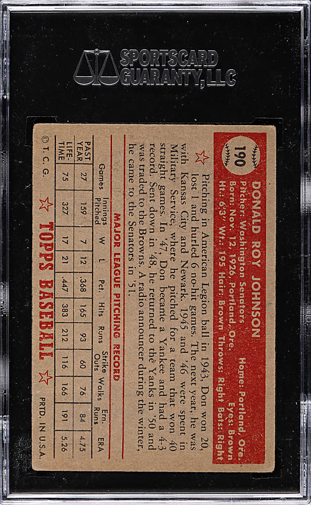 1952 Topps #190 Don Johnson SGC GOOD 30 - "Canadian" Gray Back