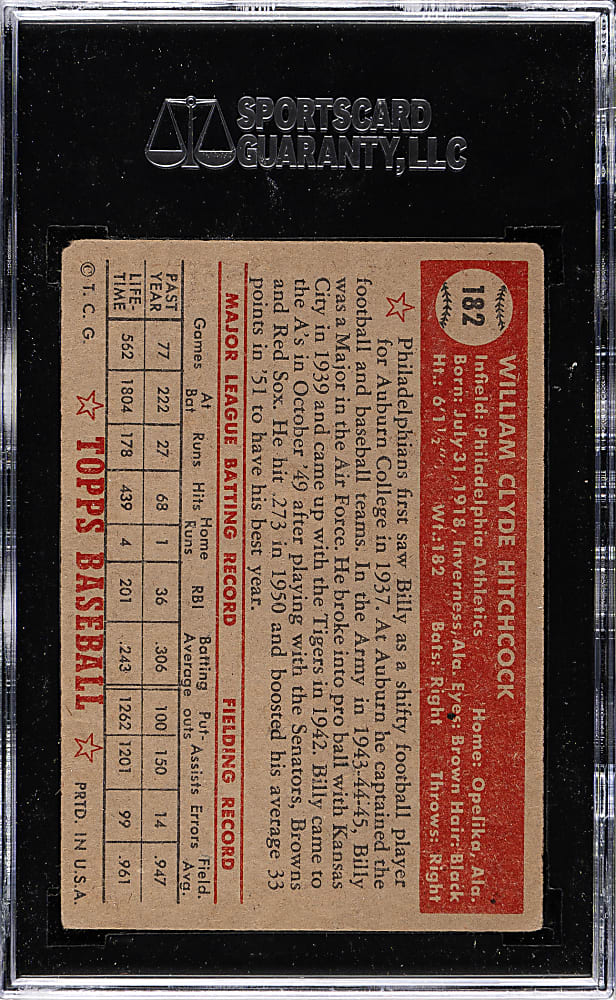1952 Topps #182 Billy Hitchcock SGC GOOD 30 - "Canadian" Gray Back