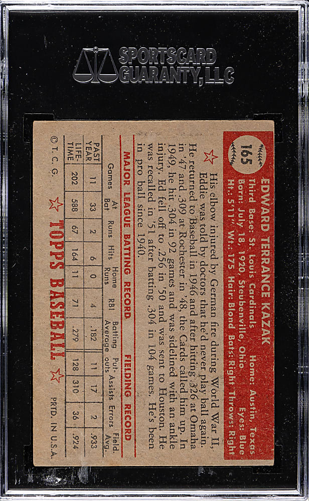 1952 Topps #165 Eddie Kazak SGC FAIR 20 - "Canadian" Gray Back