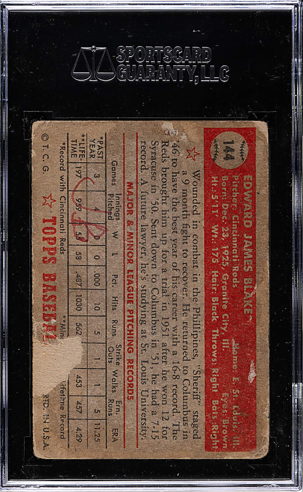 1952 Topps #144 Ed Blake SGC POOR 10 - "Canadian" Gray Back