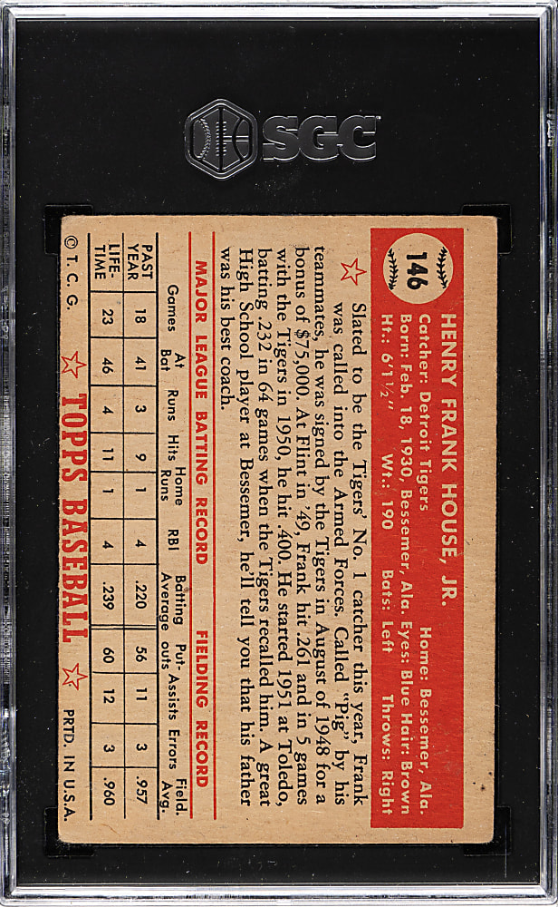 1952 Topps #146 Frank House SGC GOOD+ 2.5 - Rare "Yellow Tigers Logo" Variation