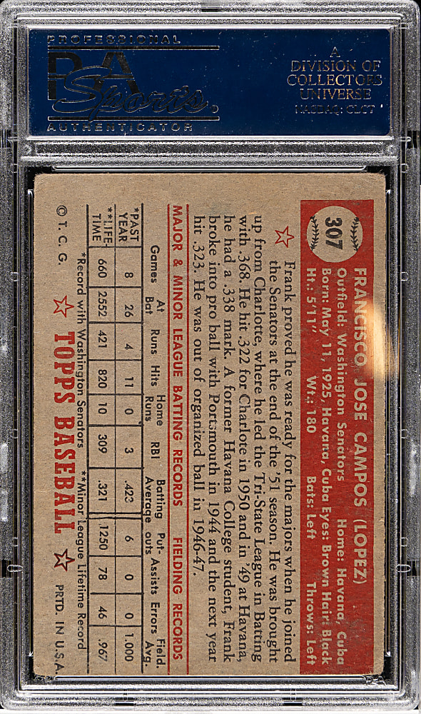 1952 Topps #307 Frank Campos PSA GOOD+ 2.5 - Rare "Black Star On Back" Variation