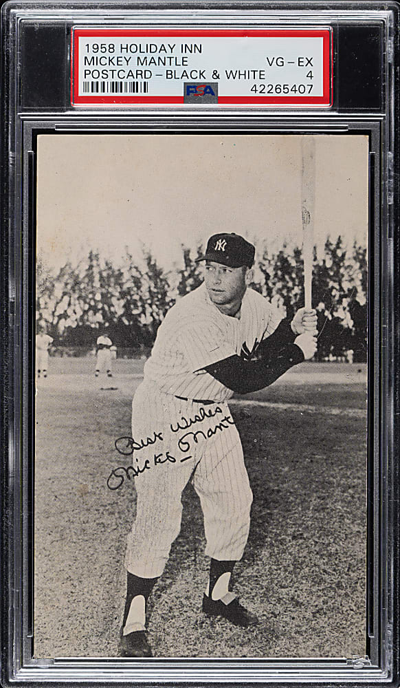 1958 Holiday Inn Black & White Postcard Mickey Mantle PSA VG-EX 4