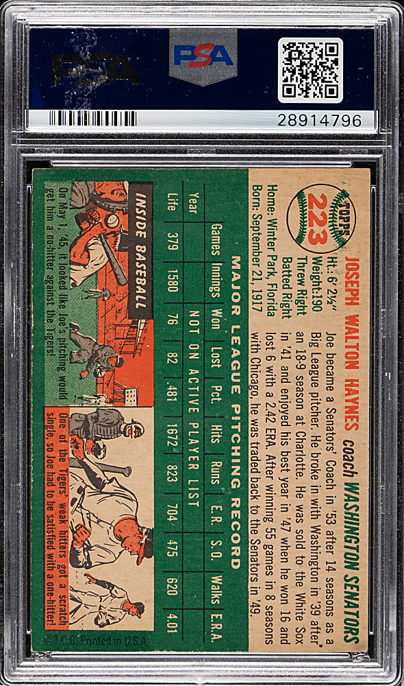 1954 Topps #223 Joe Haynes PSA NM-MT+ 8.5