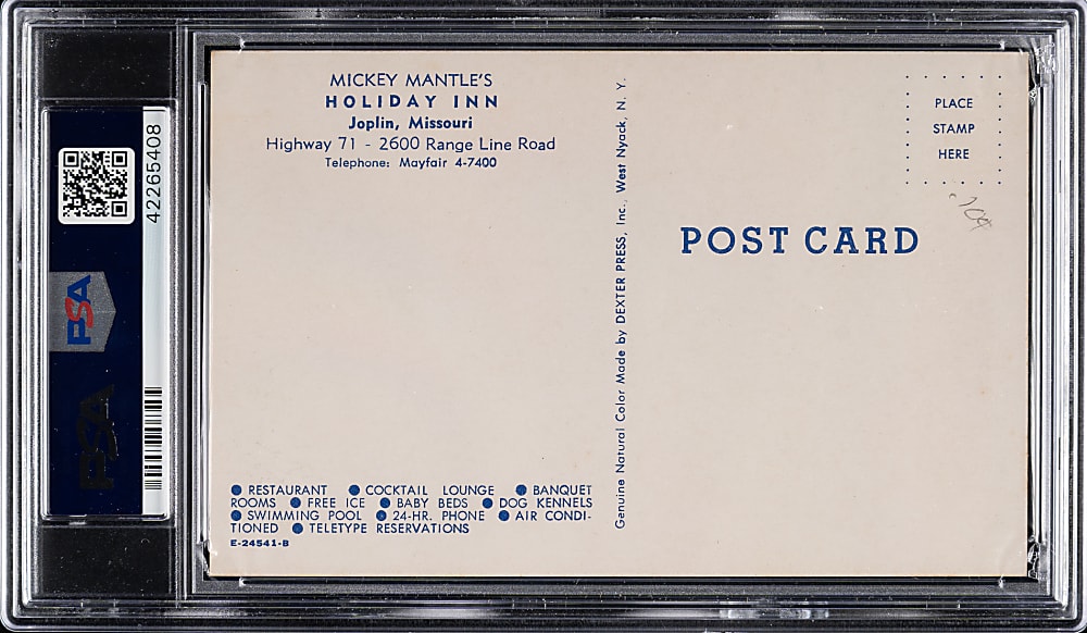 1959 Holiday Inn Postcard Mickey Mantle PSA EX 5 (MK)