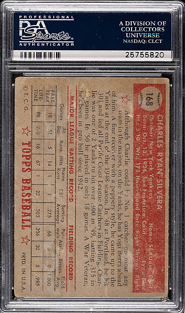 Signed 1952 Topps #168 Charlie Silvera PSA Authentic - "Canadian" Gray Back