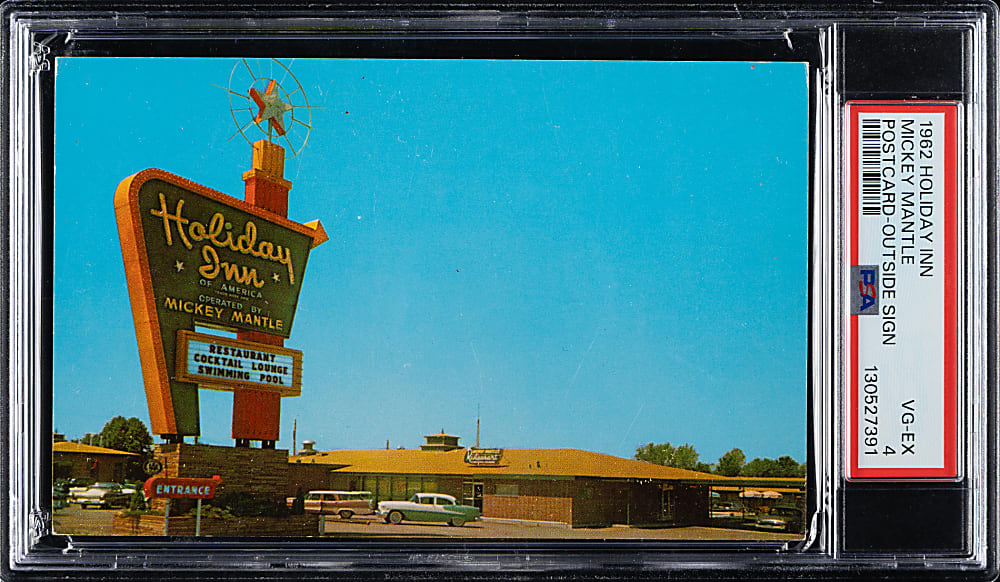 1959 Mickey Mantle's Holiday Inn Postcard Outside Sign PSA VG-EX 4