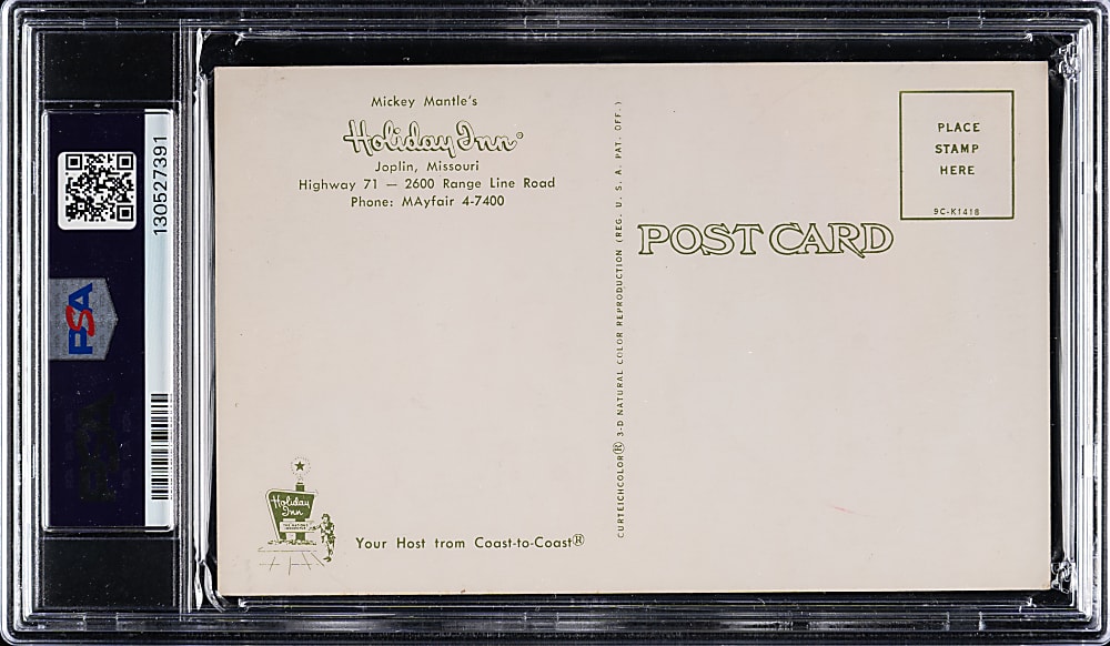 1959 Mickey Mantle's Holiday Inn Postcard Outside Sign PSA VG-EX 4