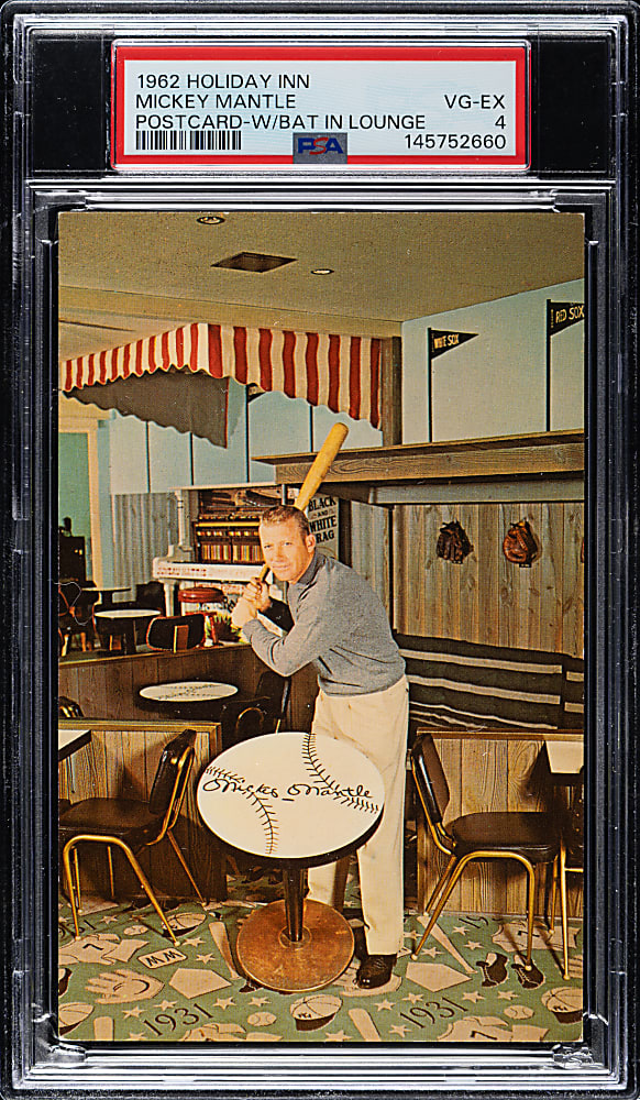 1959 Mickey Mantle's Holiday Inn Postcard In Lounge PSA VG-EX 4