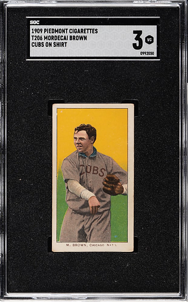 1909-1911 T206 White Border Mordecai Brown Cubs on Shirt SGC VG 3