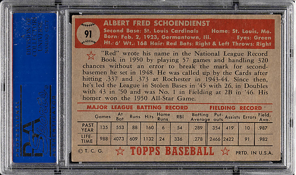 1952 Topps #91 Red Schoendienst PSA EX 5