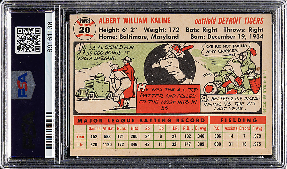 1956 Topps #20 Al Kaline White Back PSA EX 5