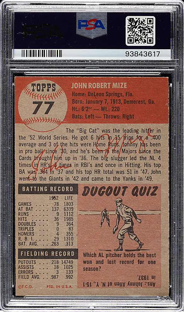1953 Topps #77 Johnny Mize PSA EX-MT 6