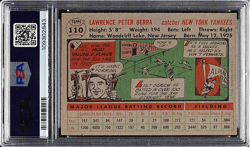 1956 Topps #110 Yogi Berra Gray Back PSA EX 5