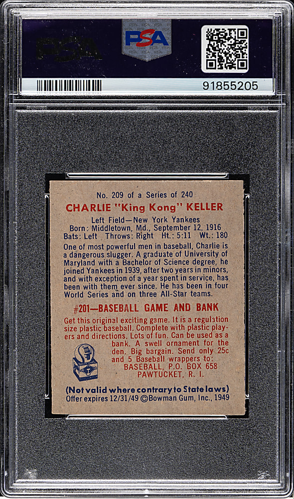 1949 Bowman #209 Charlie Keller PSA EX 5