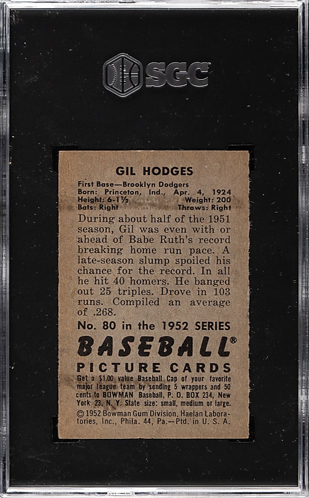 1952 Bowman #80 Gil Hodges SGC EX/NM 6