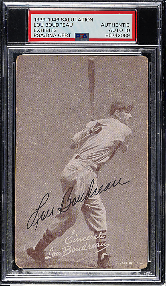 Signed 1939-1946 W462 Salutation Exhibits Lou Boudreau PSA/DNA GEM MINT 10