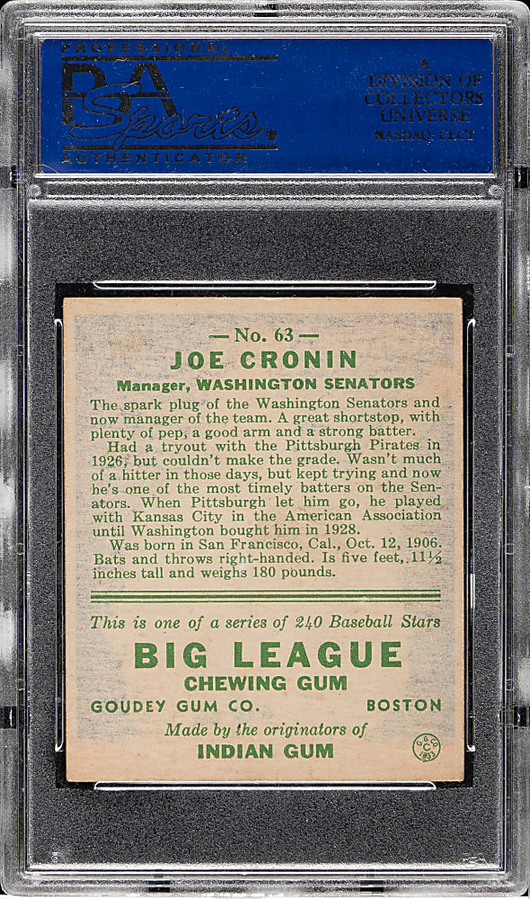 1933 R319 Goudey #63 Joe Cronin PSA VG-EX 4