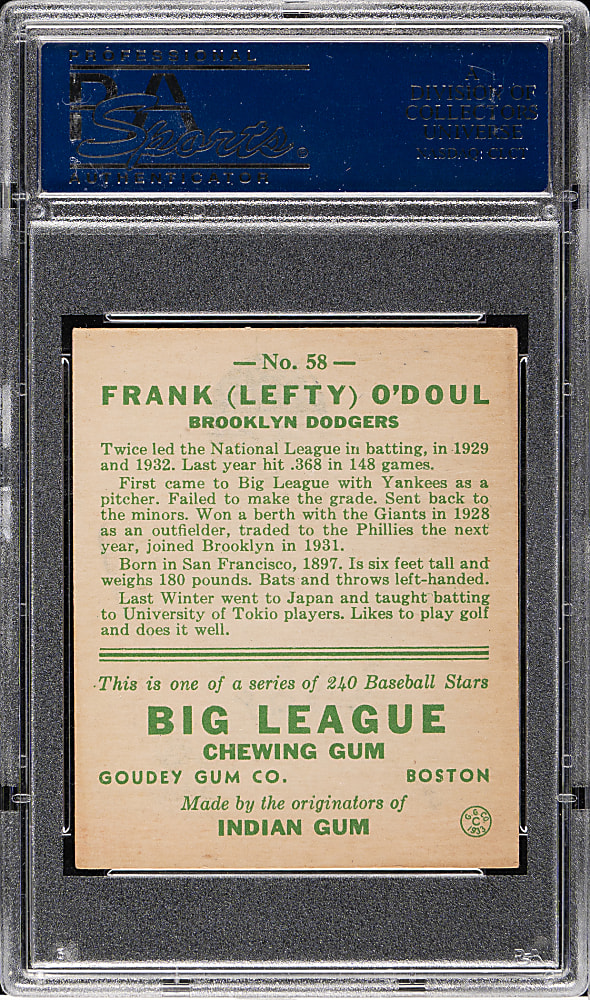 1933 R319 Goudey #58 Lefty O'Doul PSA EX 5
